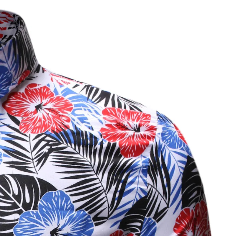 Men's white polyester square collar floral short-sleeved beach shirt