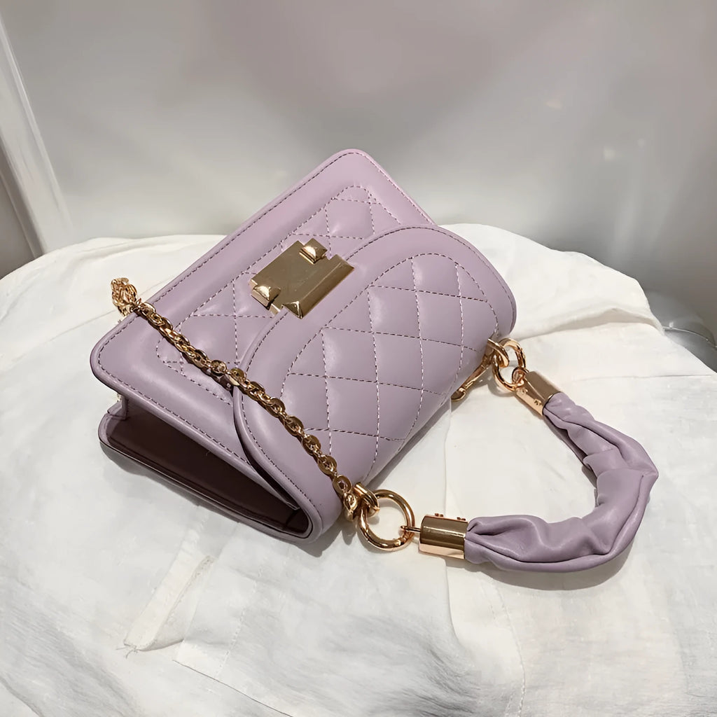 Women's purple PU small square messenger bag with rhombus pattern and 112cm shoulder strap