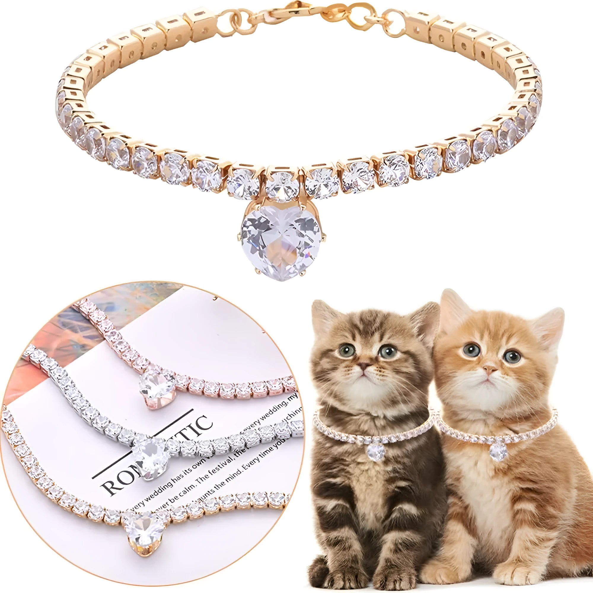 Gold rhinestone heart-shaped collar for dogs and cats on an extension chain.