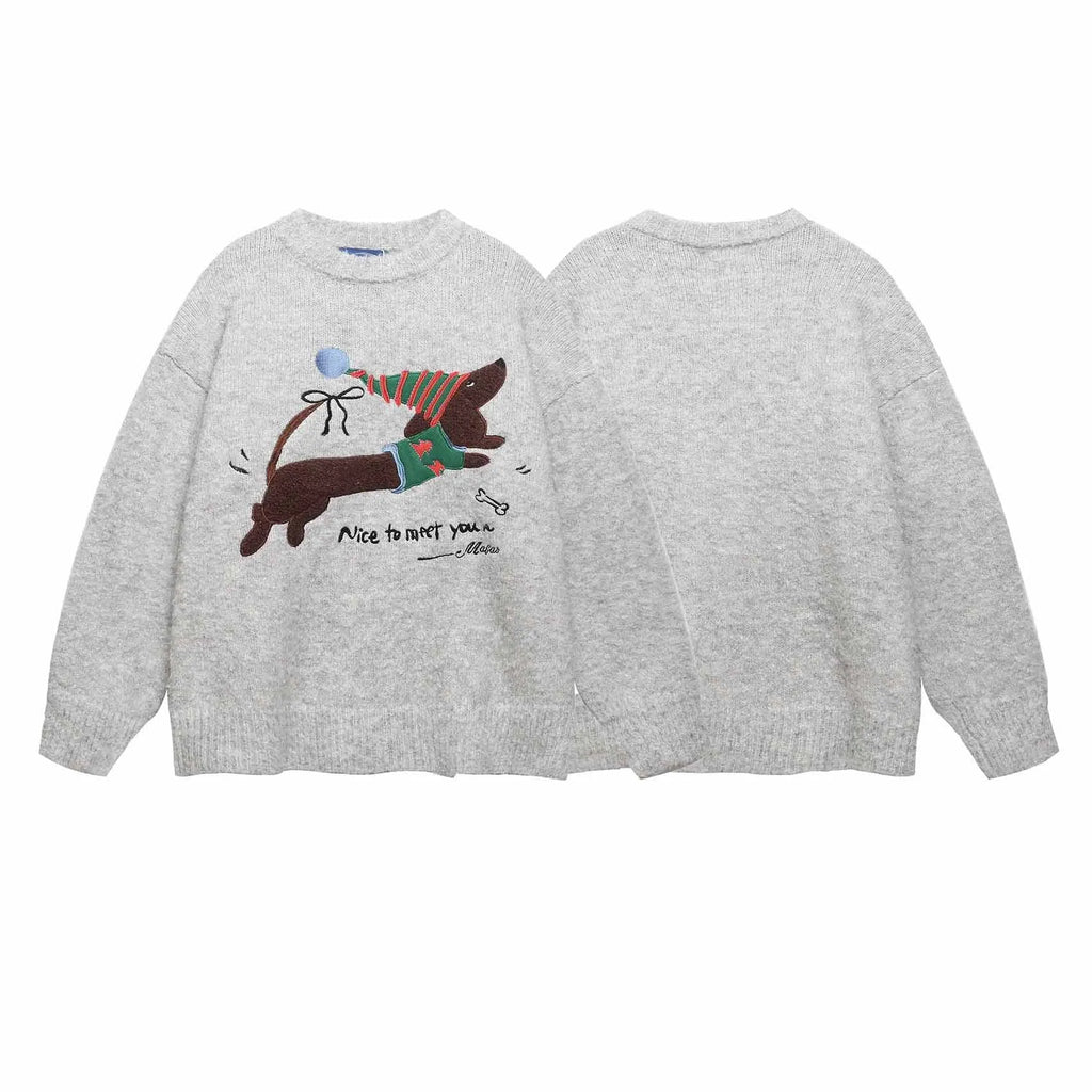Gray loose-fit pullover sweater with American retro Christmas hat puppy embroidery for teenagers