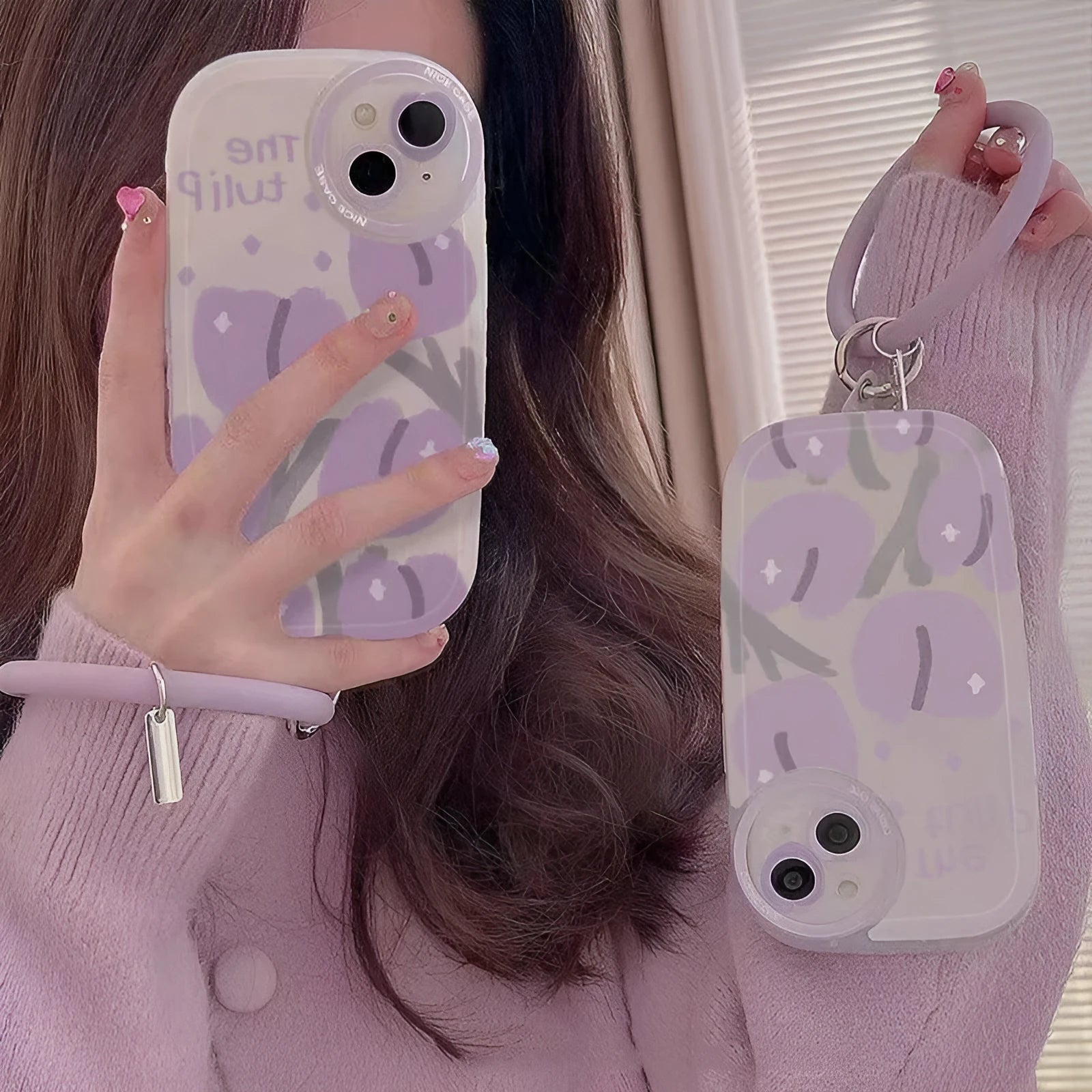 Clear Purple Tulip phone case with heart lens detail and matching violet purple bracelet for iPhone.