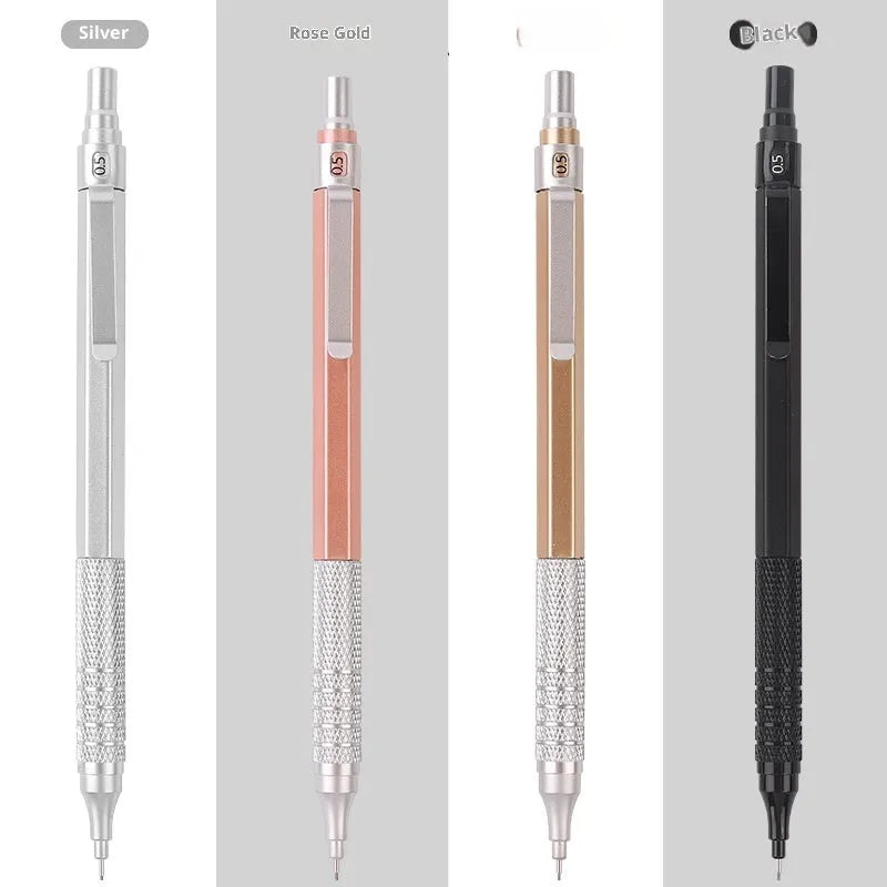 Metal propelling pencil with low centre of gravity in rose gold finish, 0.5mm lead size