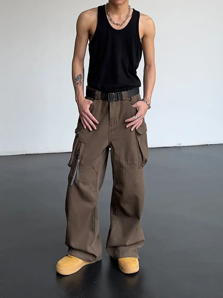 Women's high waist wide leg trousers in coffee colour, loose fit polyester casual pants
