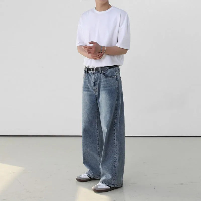 Men's retro washed blue jeans, cotton mid waist trousers, casual leisure pants, sizes M to 2XL