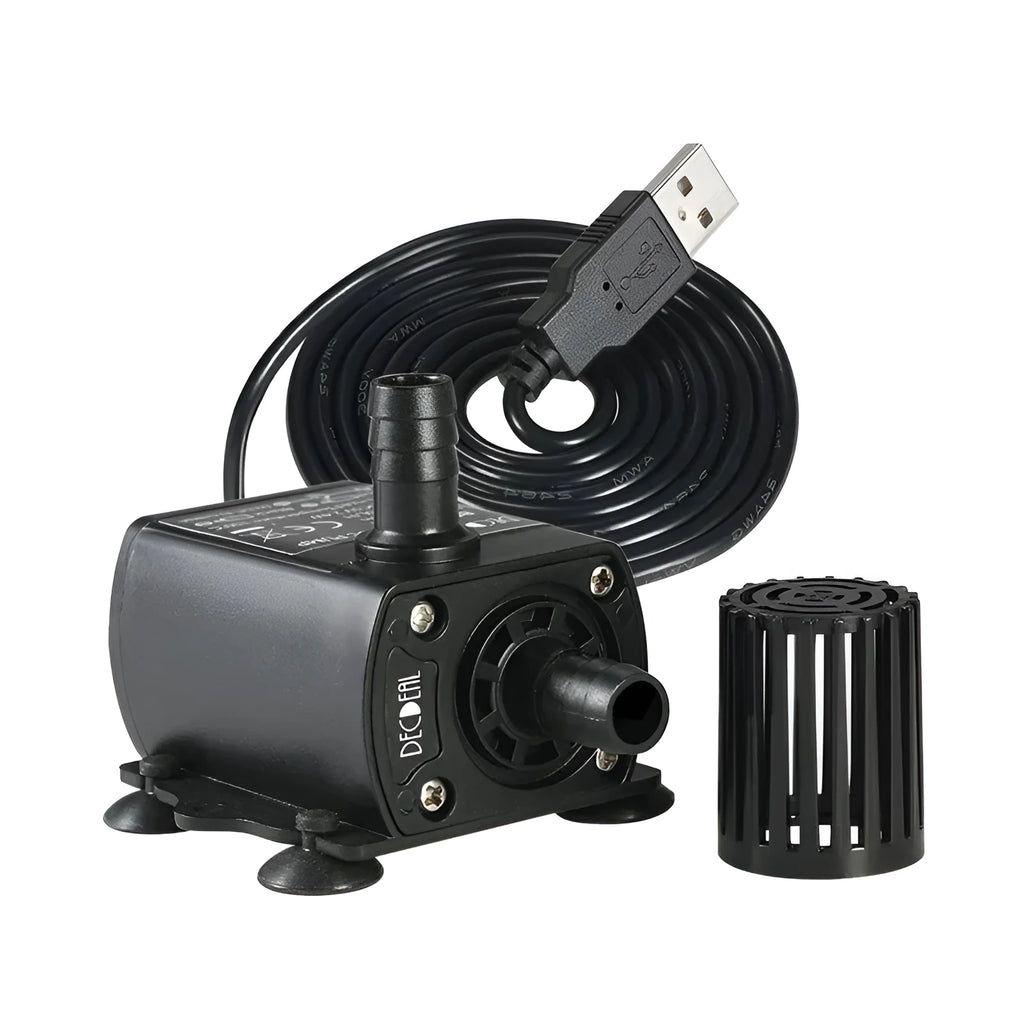 Micro brushless DC submersible pump with black PC+ABS body, 8mm inlet and outlet, and filter