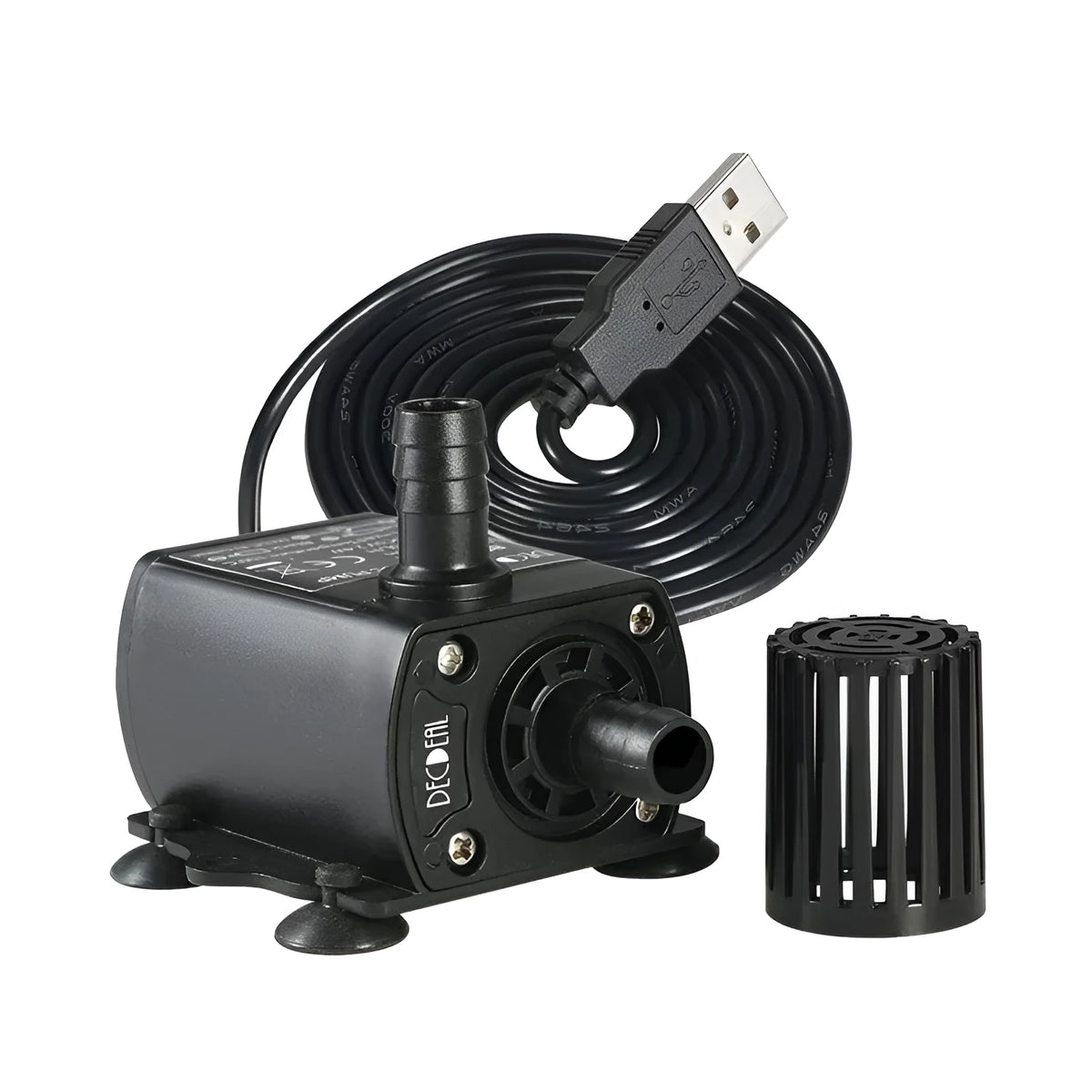 Micro brushless DC submersible pump with black PC+ABS body, 8mm inlet and outlet, and filter