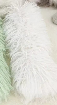Plush cat toy pillow in blue, green, pink, and white colours, shown at 27cm by 10cm size