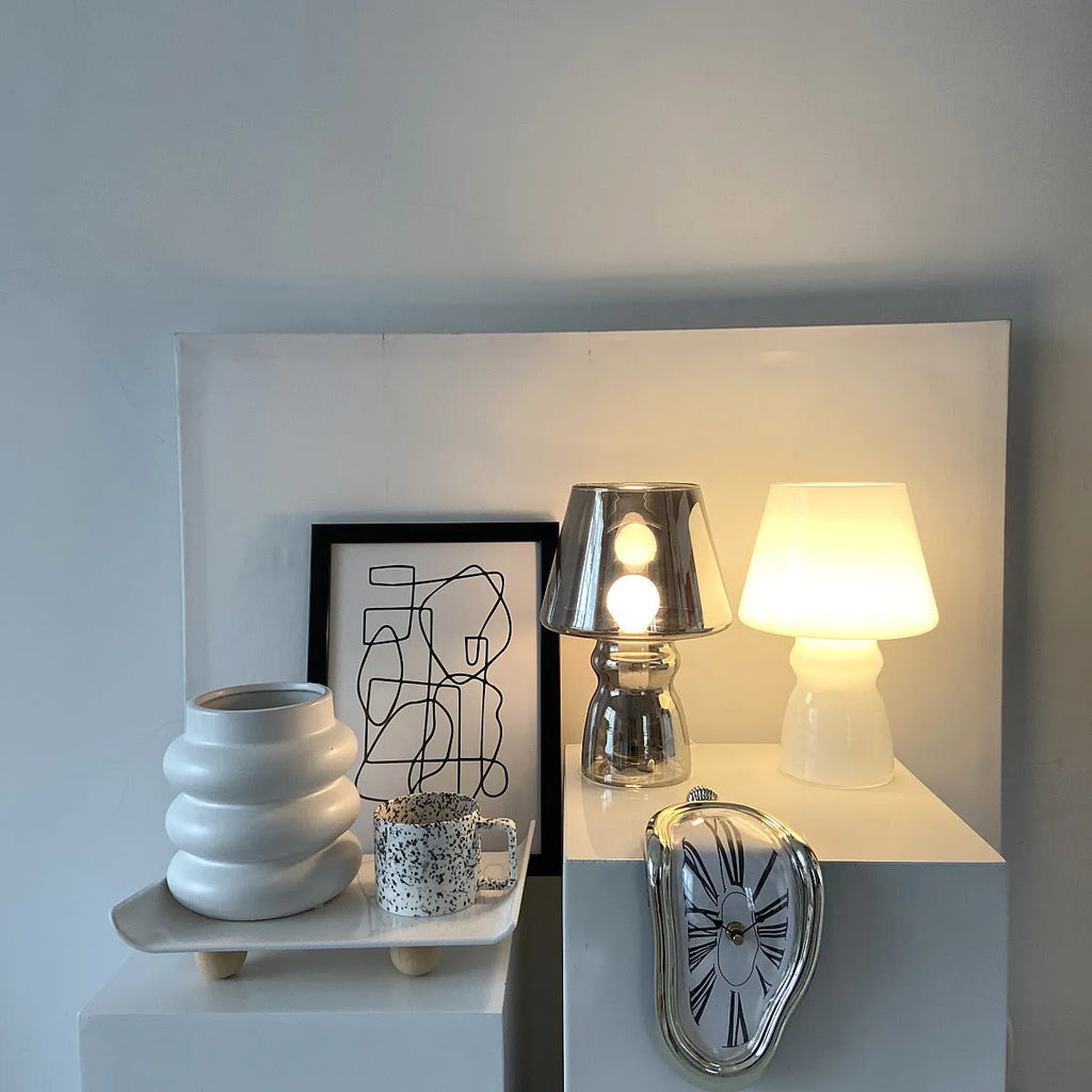 Simple table lamp with plastic lamp holder, 16 x 25cm, in pure white or soot for bedside or desk use