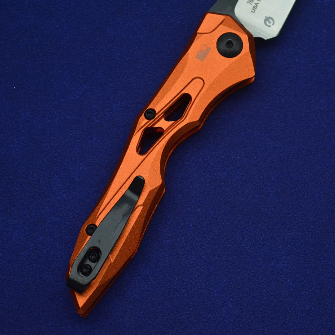 Black folding fruit knife with D2 steel blade and aviation aluminium handle in open position