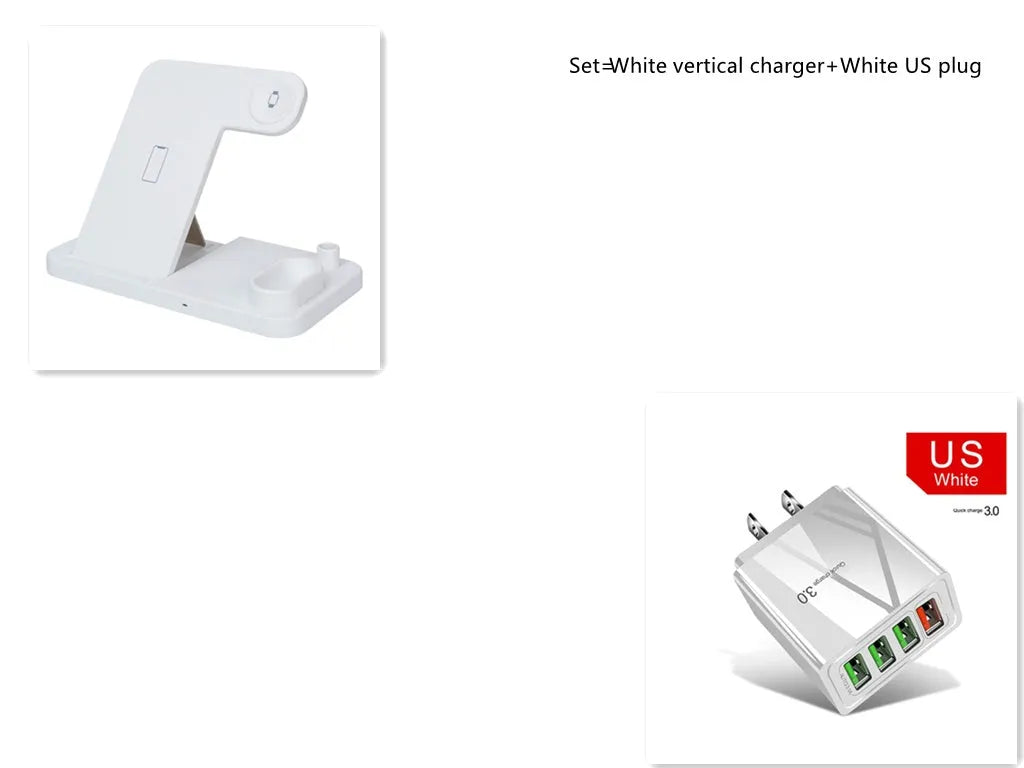 Black 4-in-1 wireless charging station with phone on adjustable stand, charging Apple Watch, AirPods, and Apple Pencil.