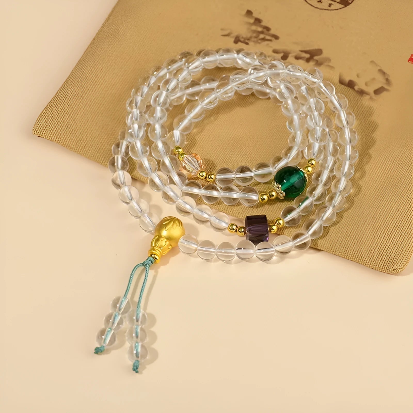 White crystal ethnic geometric rosary bracelet with 108 beads.