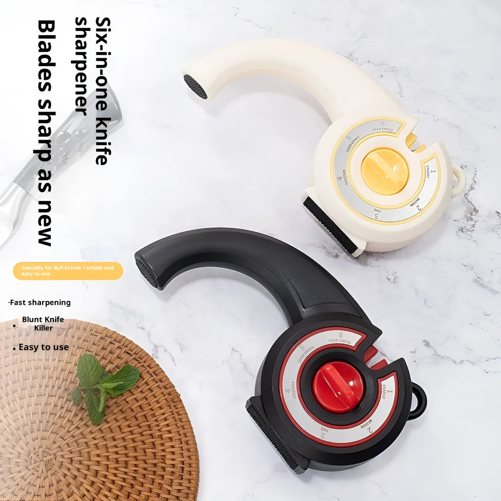 Six-in-one household multi-function sharpener for pencils, knives, and scissors in white colour