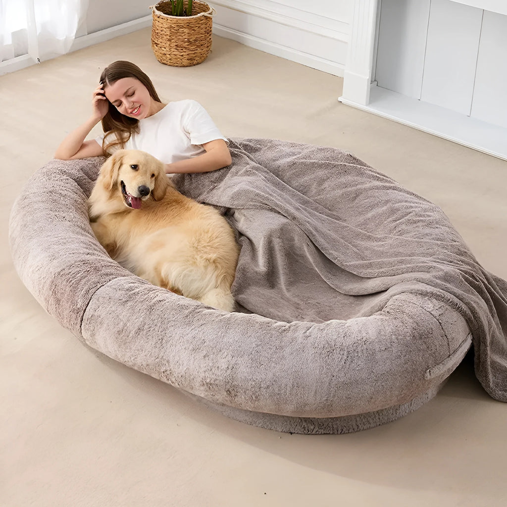 Large human short plush dog bed in khaki cloth pet nest with dimensions 135x85x30CM