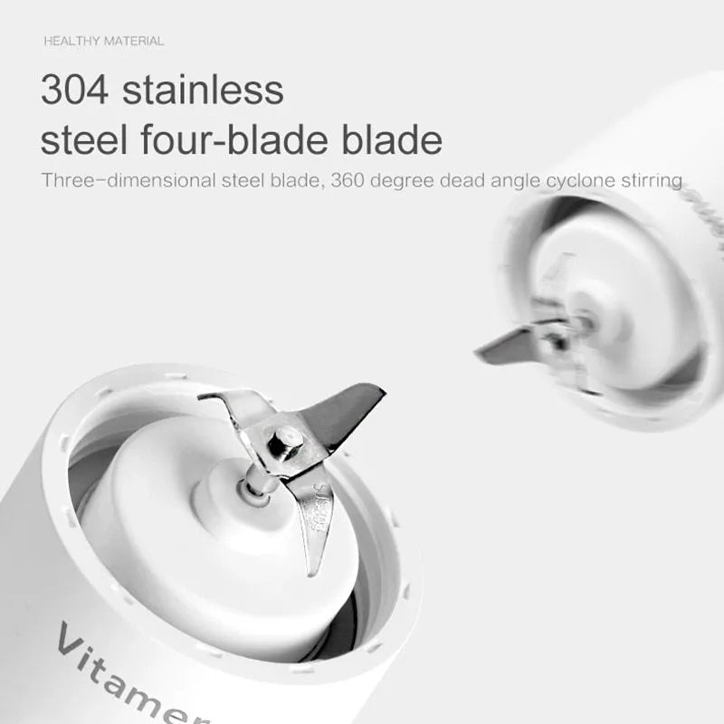 White portable USB blender bottle with silicone handle and stainless steel blade inside.