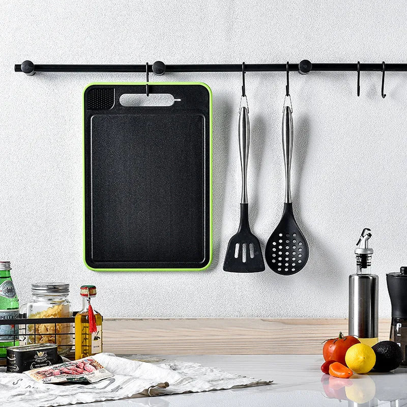 Grey square aluminium double-sided cutting board with built-in whetstone and grinding teeth