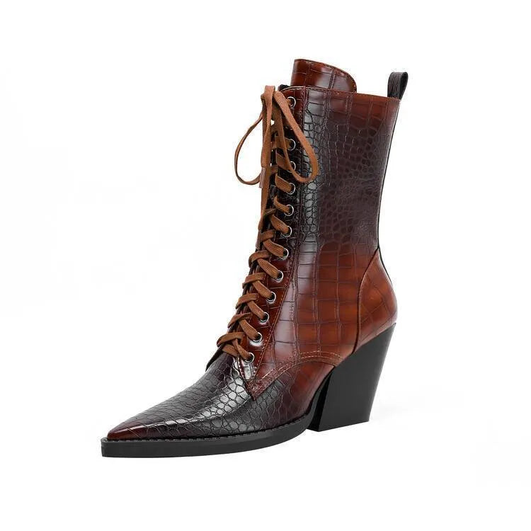 Dark brown retro pointed toe boots with a chunky heel and lace detail, side zipper visible.