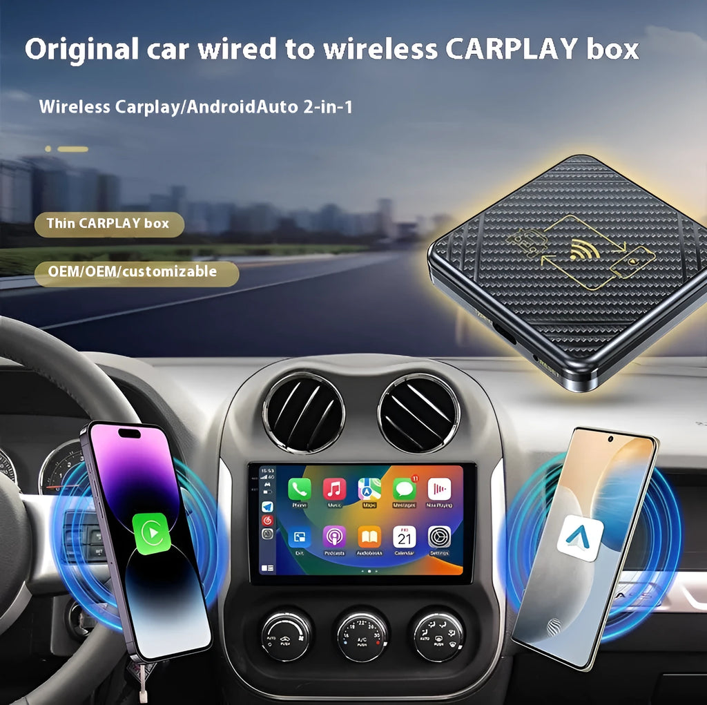 Wireless CarPlay and Android Auto adapter box in gold or white with USB connection