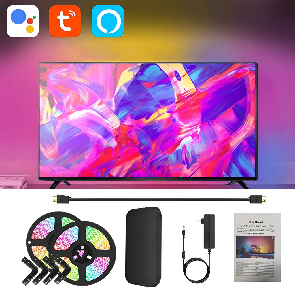 TV sync ambience light strip with colourful LED lighting installed behind television