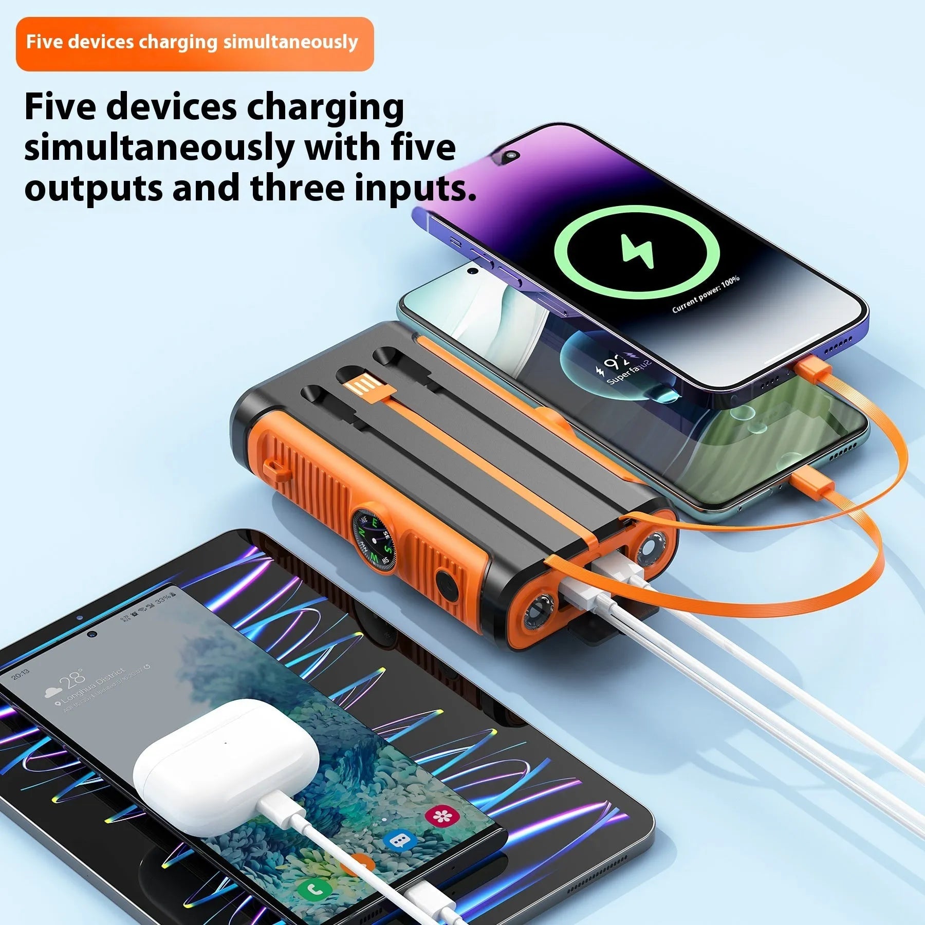 Solar outdoor camping hand crank power bank in black with orange accents, 20000mAh, plastic shell, compact 16.65x8.55x3.5cm