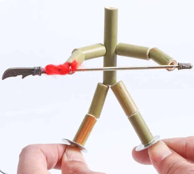 Bamboo Man wooden fighting game set with yellow table, two bamboo men, and iron weapons for children aged 4-14
