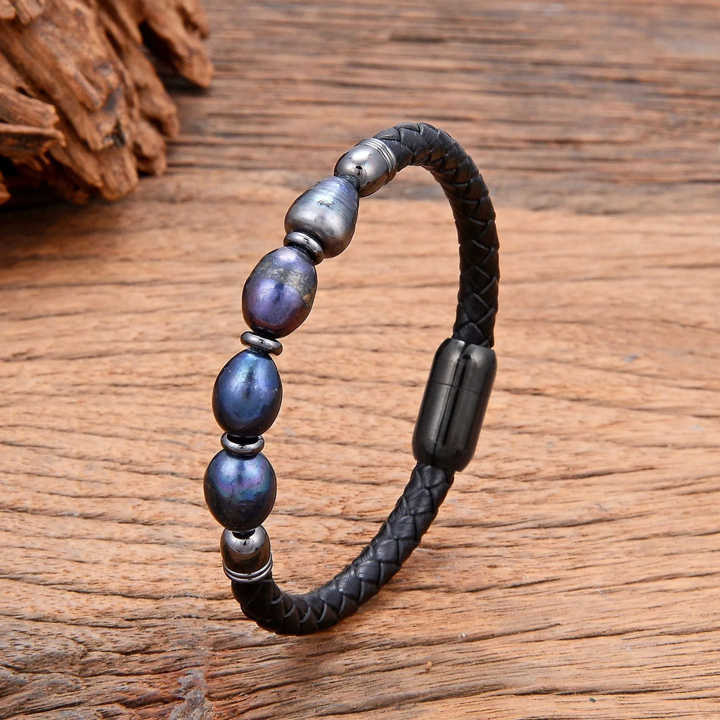 Handmade unisex bracelet with irregular freshwater pearls on brown leather cord