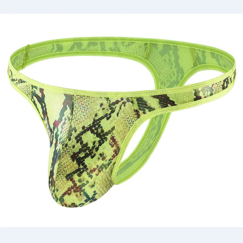 Men's camouflage snake print thong underpants in polyester fabric with low waist design
