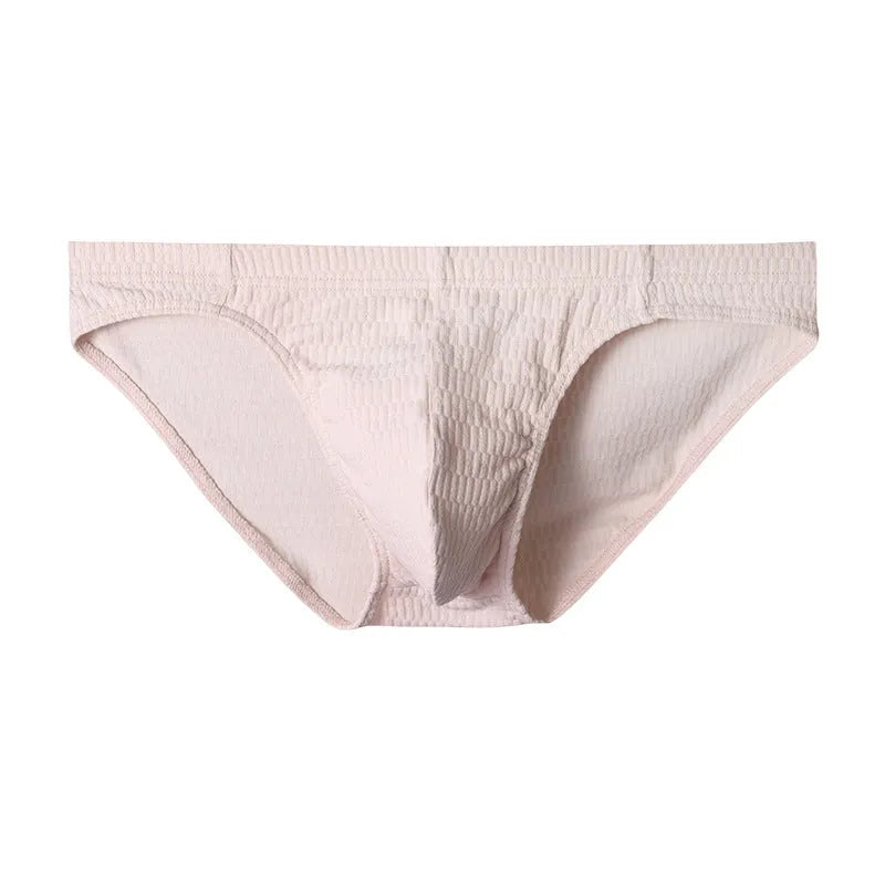 Men's solid colour pure cotton triangle underwear briefs on a mid waist, shown in apricot and black colour options.