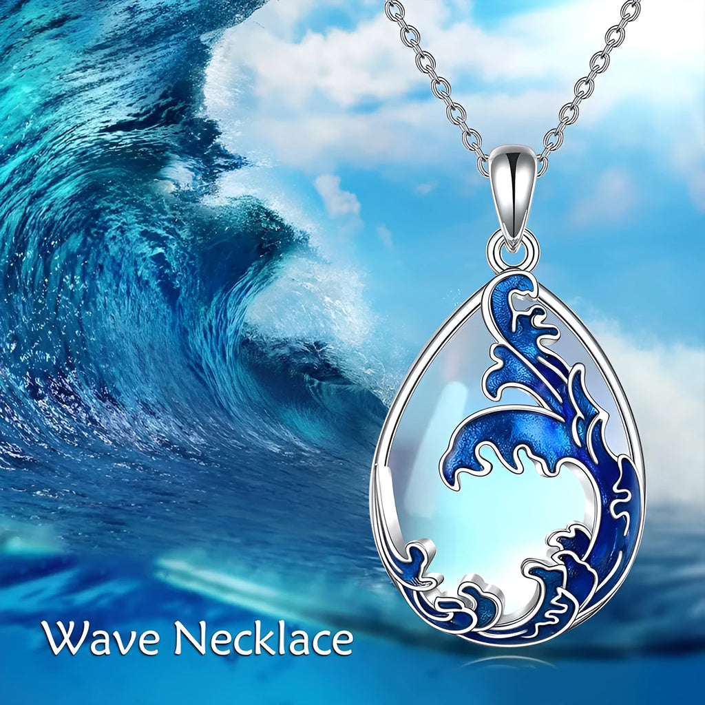 Moonstone blue heart pendant necklace with alloy chain on display