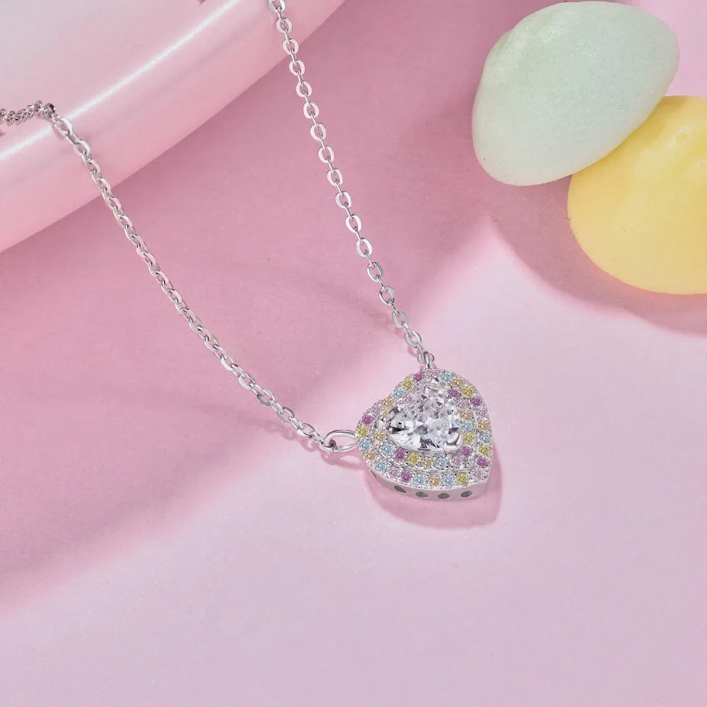 Women's simple colour dopamine zircon necklace in 925 silver with electroplated finish, shown in platinum and pink diamond options