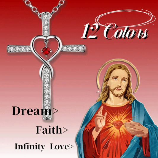 Elegant gold-plated Christian cross pendant necklace with heart-shaped birthstone crystal charm