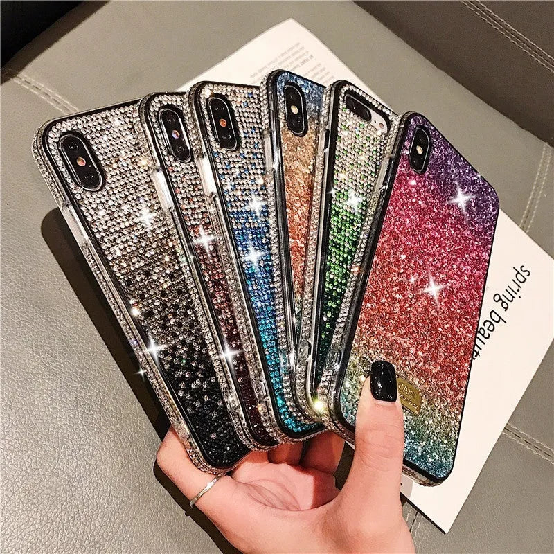 Gradient edge drill phone case for iPhone with rhinestones, anti-fall TPU PC back cover in coffee purple blue green
