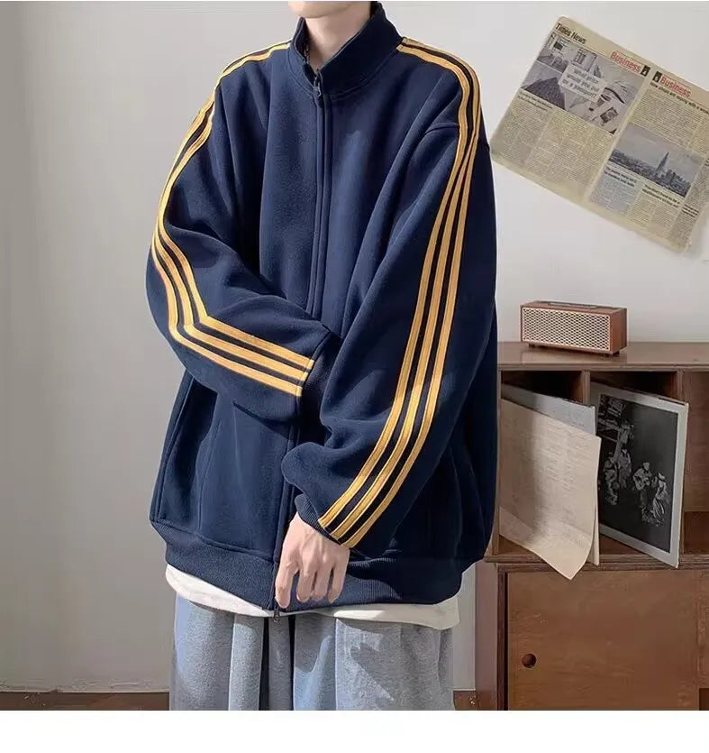 Men's loose casual sports jacket in navy blue, white gray or black, long sleeve polyester, sizes M to 3XL