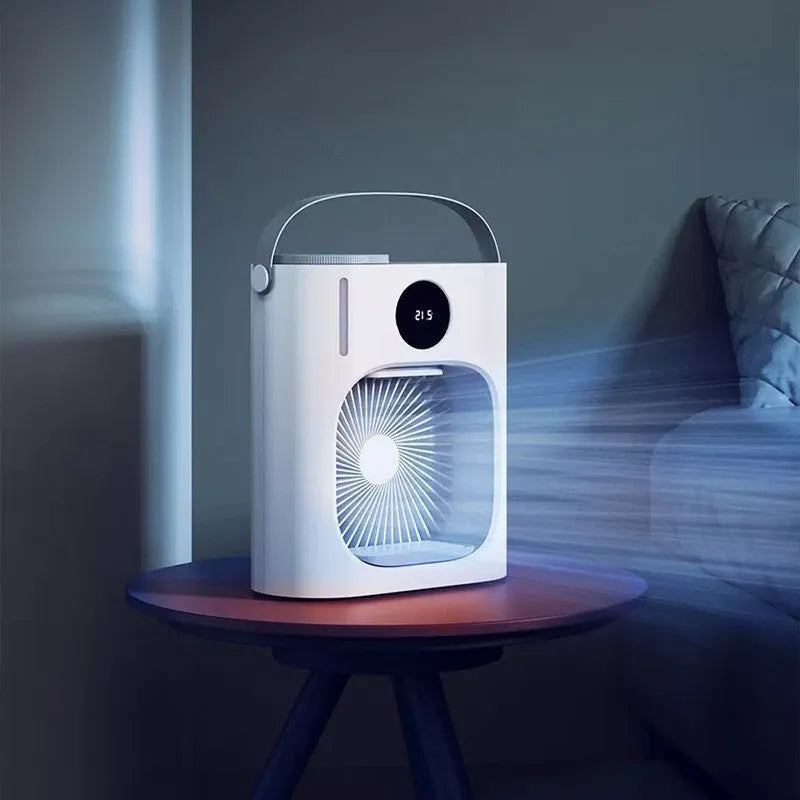 White USB refrigeration air conditioner fan with screen display and button control on a desk