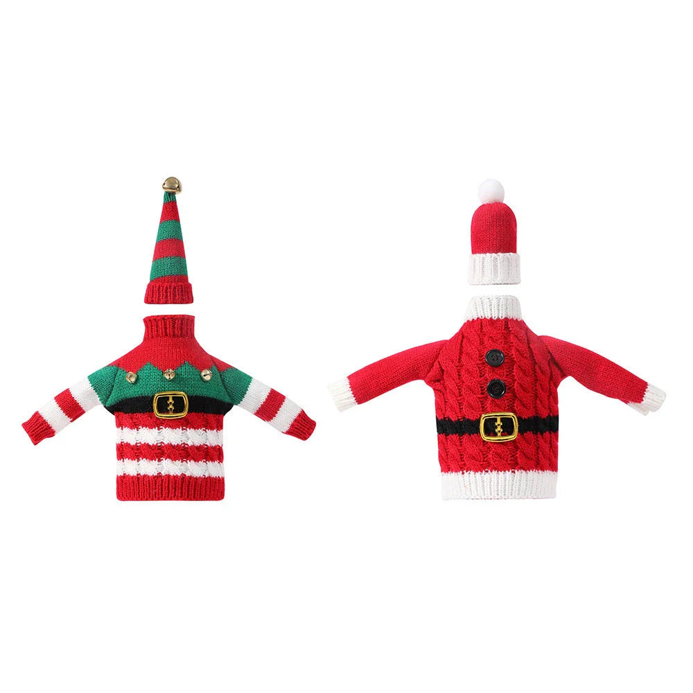 Festive knitted wine bottle covers in red and green stripes and red belt designs, perfect for Christmas and holiday decor