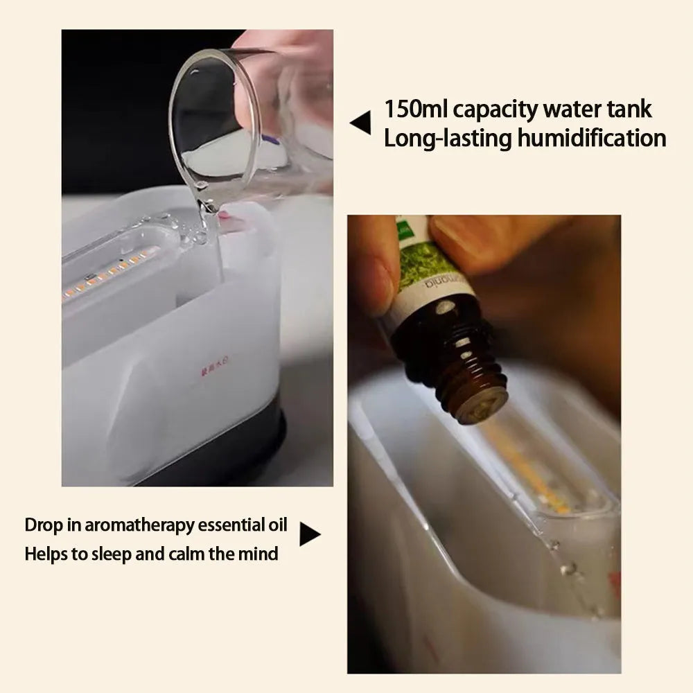 A Bluetooth-controlled flame humidifier and aromatherapy diffuser unit with an LED flame light and 150ml tank.