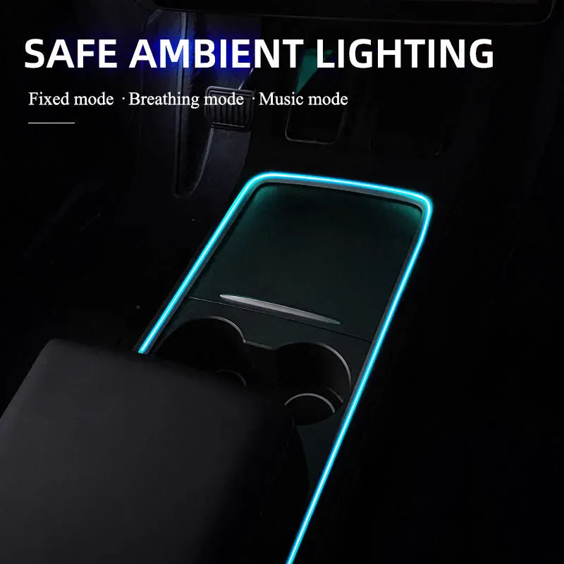 Car interior LED atmosphere light with colourful changing effects installed along dashboard