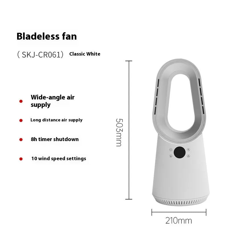 White bladeless tower floor fan with remote control and touch screen display on a wooden floor.