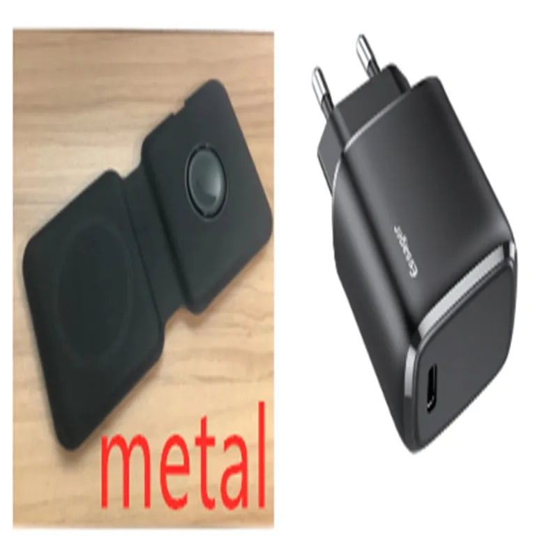 White foldable magnetic wireless charging dock showing two phones charging simultaneously.