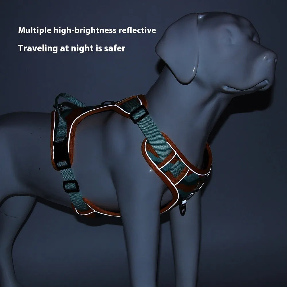 Orange reflective dog chest and back harness lead for walking safety.