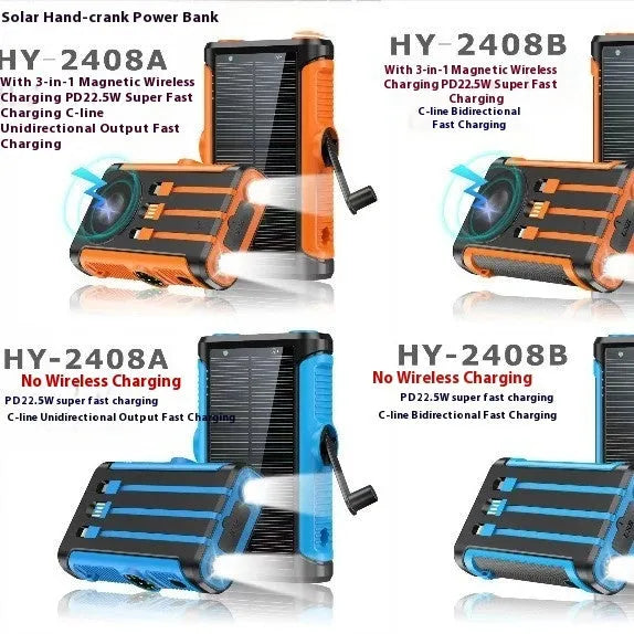 Solar outdoor camping hand crank power bank in black with orange accents, 20000mAh, plastic shell, compact 16.65x8.55x3.5cm