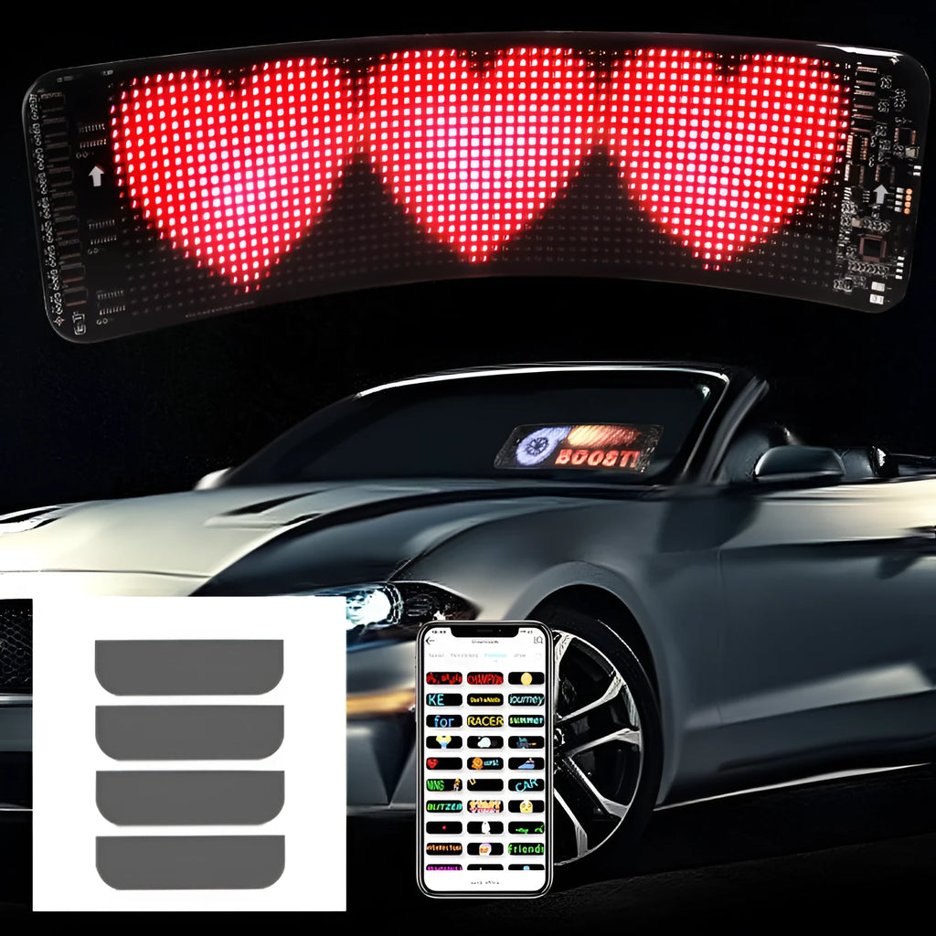 Black flexible LED screen for car rear windscreen with USB cable and Bluetooth control.