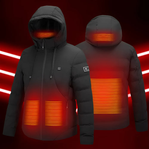 11-zone USB carbon fibre heating jacket in military green with dual-control panel, cotton leisure style, front view