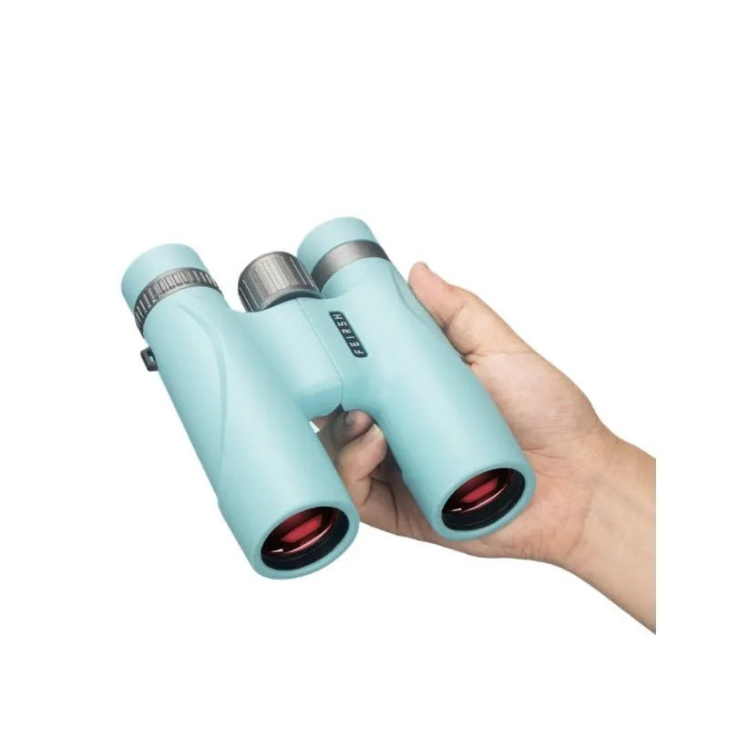 Blue 10x32 binoculars with wine red lenses showing 112mm compact dimensions