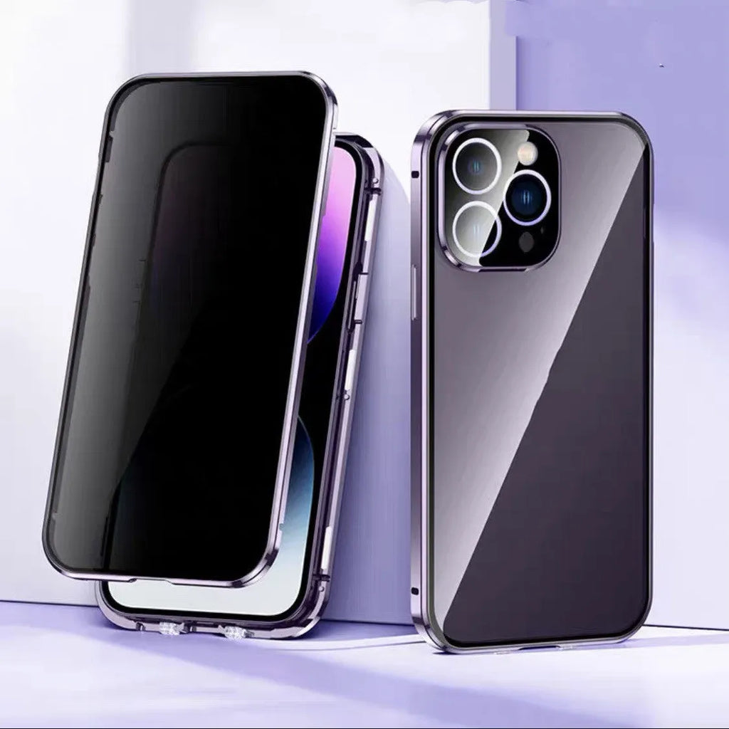 Metal glass phone case with magnetic suction and double-card buckle for iPhone 11-14 Pro Max in black
