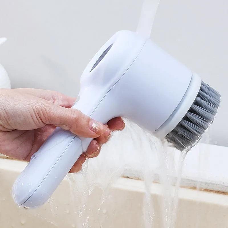 Light grey and purple USB rechargeable electric cleaning brushes with multiple scrub heads.