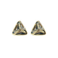 Pair of golden triangle dangle earrings with hook back and textured surface on white background
