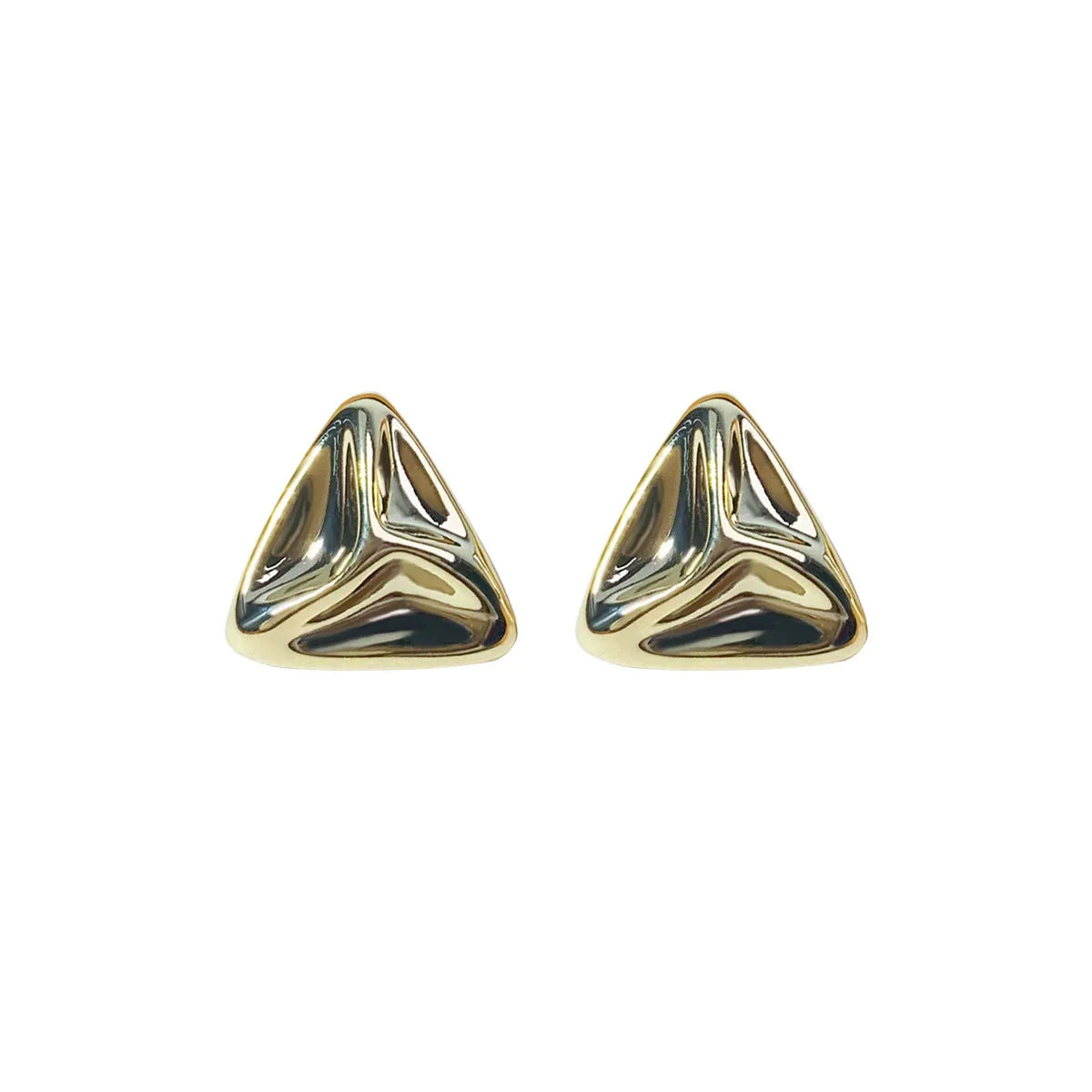 Pair of golden triangle dangle earrings with hook back and textured surface on white background