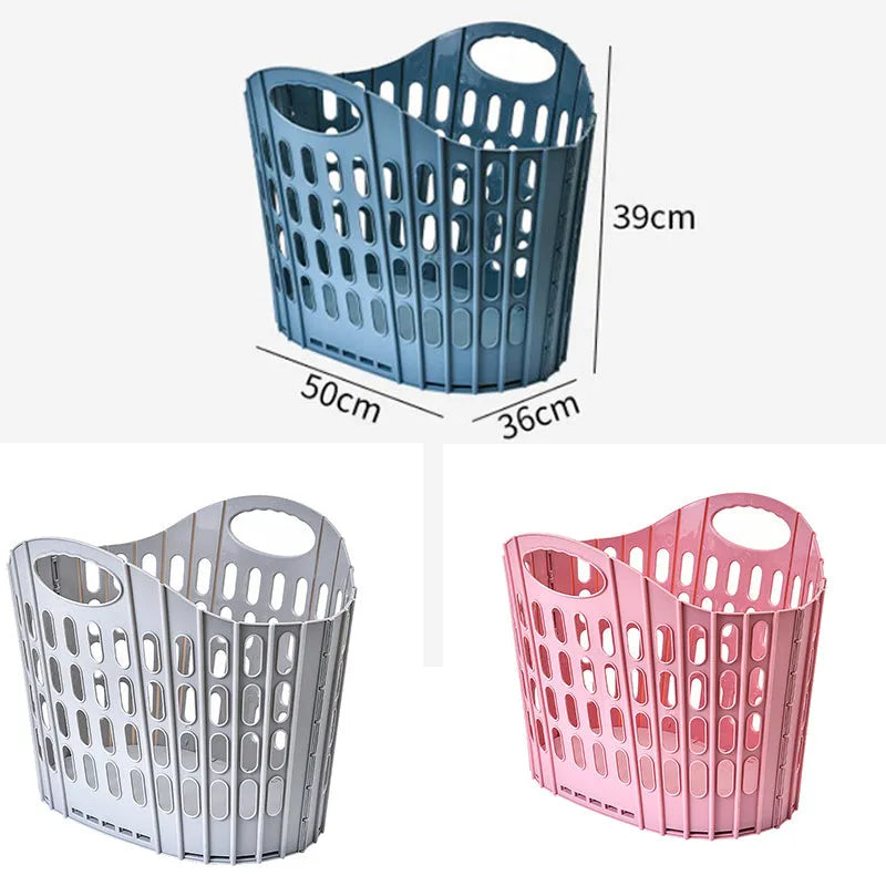 Plastic folding dirty laundry basket in mesh PP material, available in blue, grey, pink