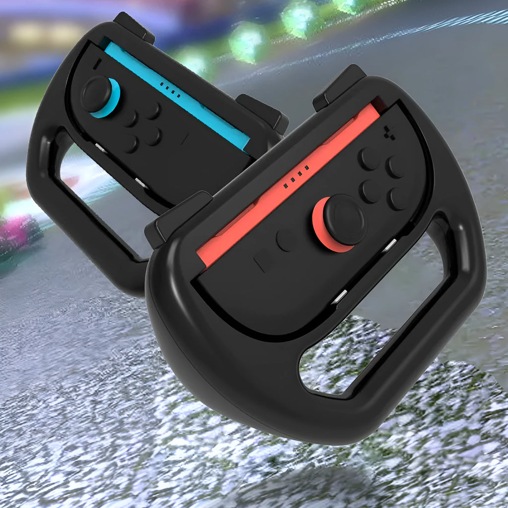 Game grip accessories for Switch 2 handle in black, ABS material, 145x65x100mm, shown on a flat surface.