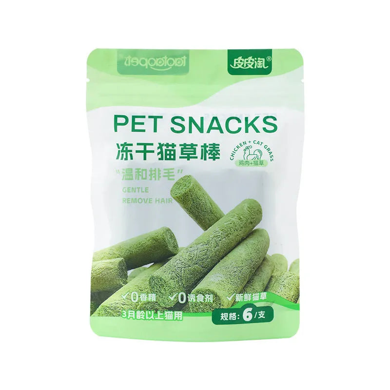 Freeze-dried cat grass stick treats with chicken and salmon, 35g pack of 6 sticks for cats